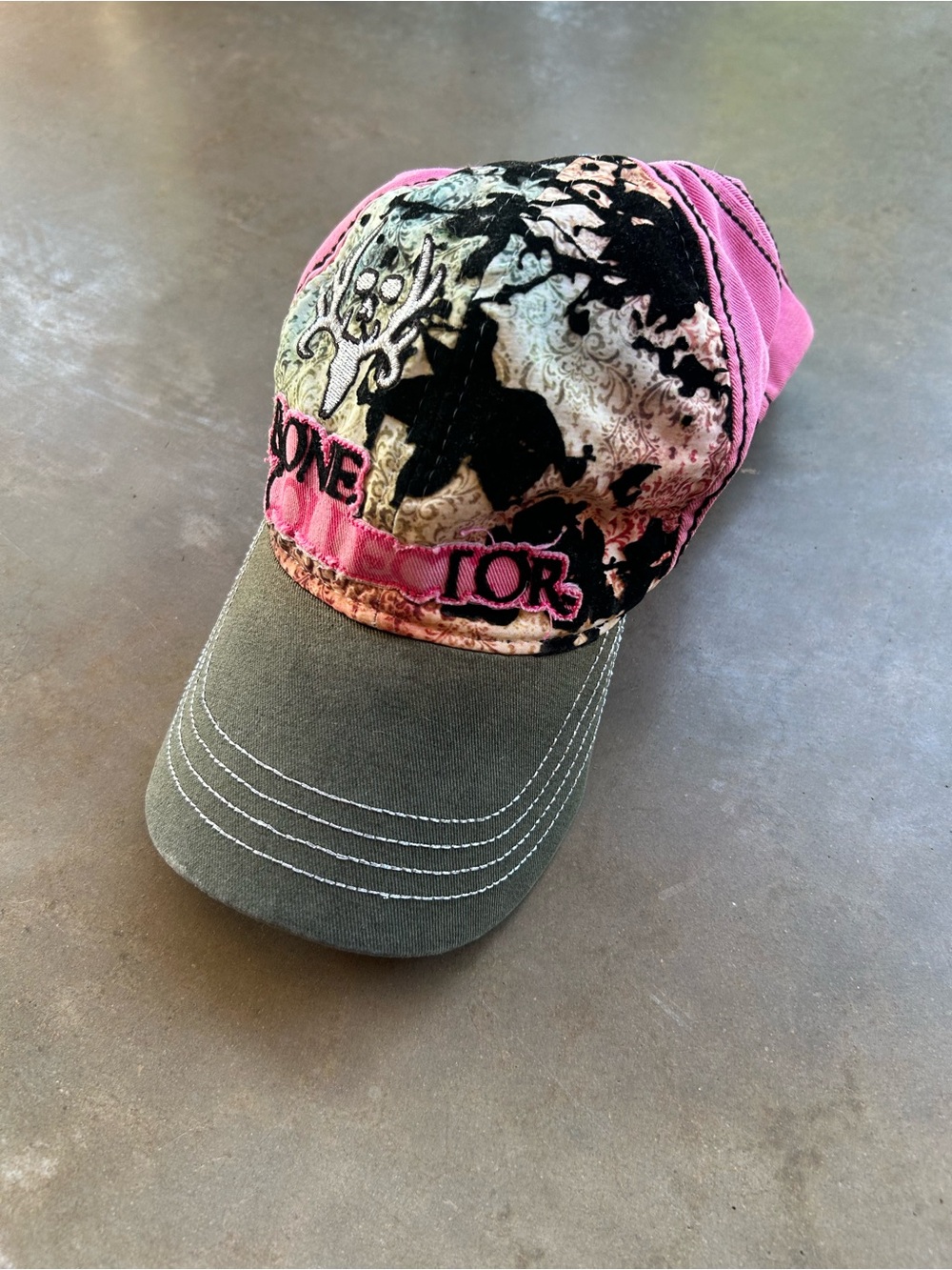 Bone Collector Pink & Olive Embroidered Graphic Baseball Cap